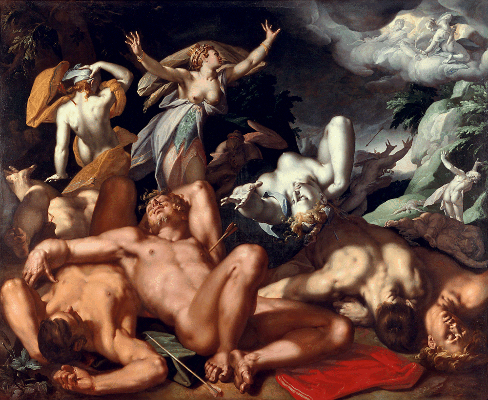 Pintura de Abraham Bloemaert mostrando Apolo e Ártemis matando os filhos de Níobe