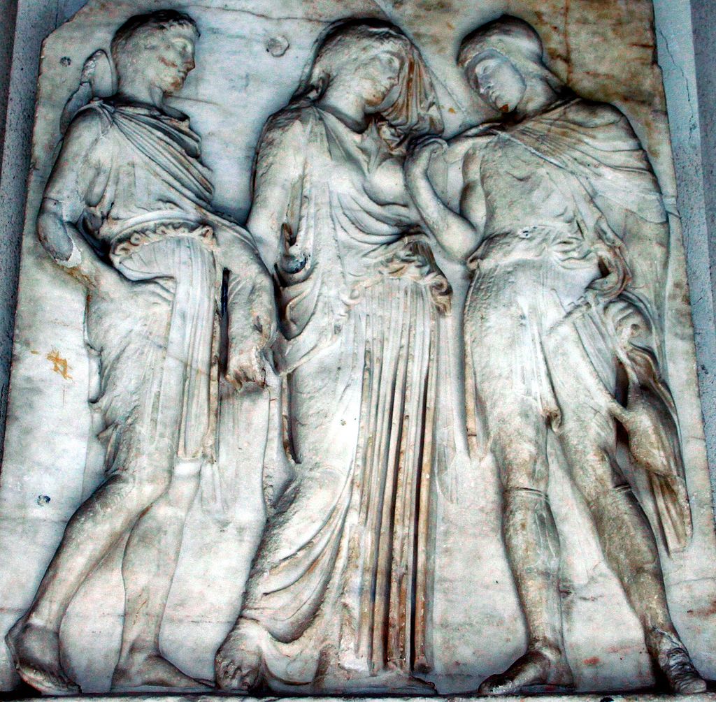Baixo-relevo em mármore romano, cópia de um original grego de 410 a.C., representando Hermes, Eurídice e Orfeu.