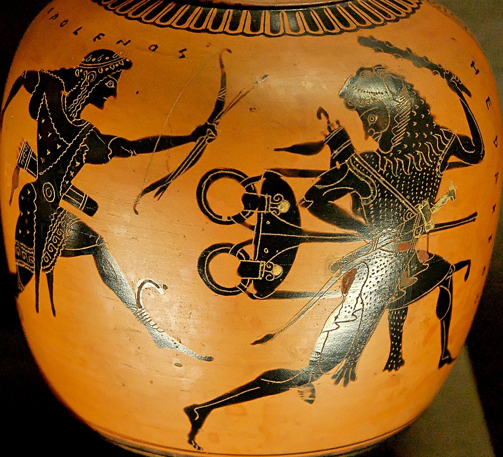 Apolo e Hércules disputando a trípode, pintura em vaso do Pintor de Taleides, c. 520 a.C.