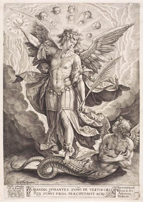 São Miguel, aureolado de luz, com o dragão subjugado a seus pés, gravura de Hieronymus Wierx de 1584