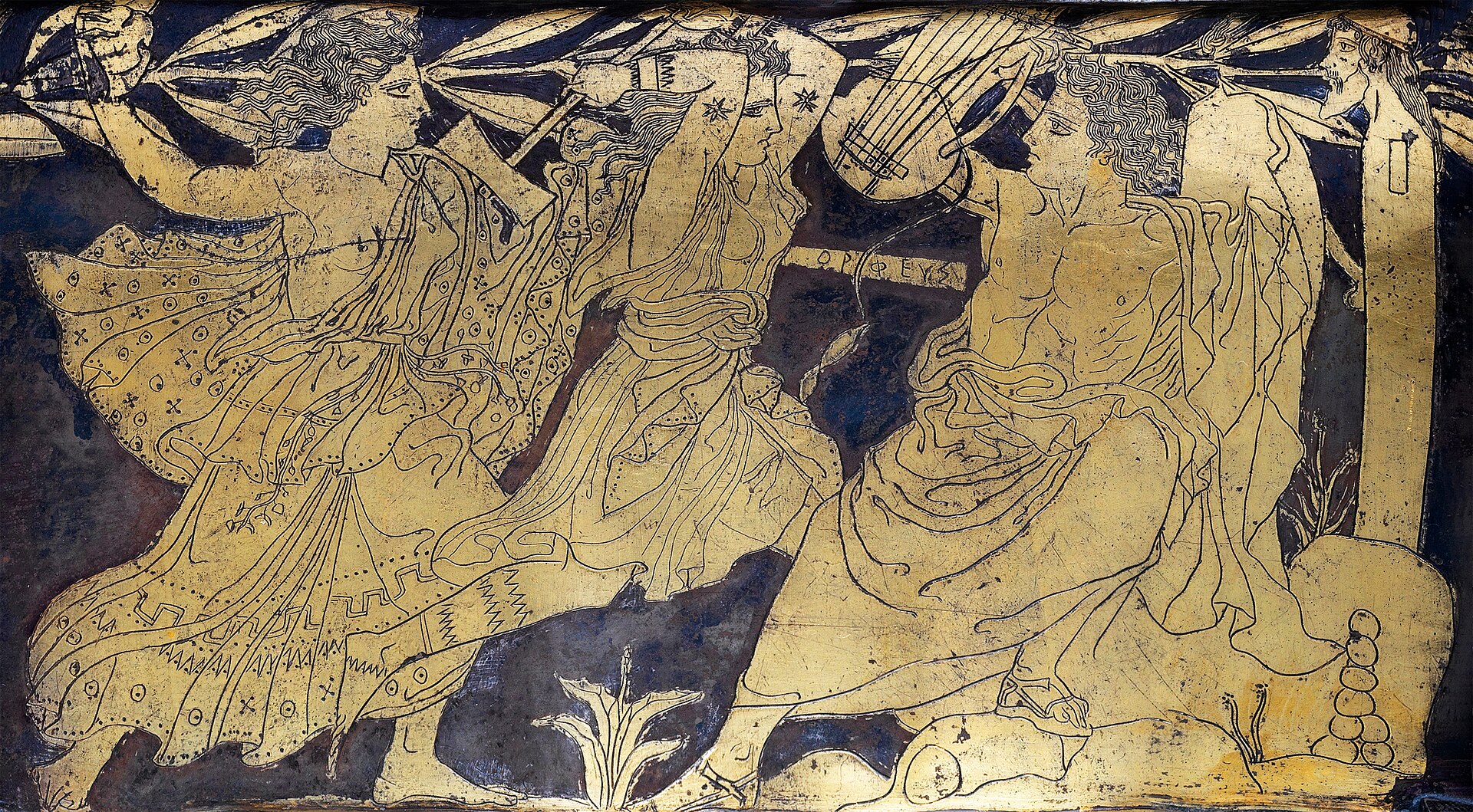 A morte de Orfeu, detalhe de um cântaro de prata, 420-410 a.C., parte da coleção Vassil Bojkov