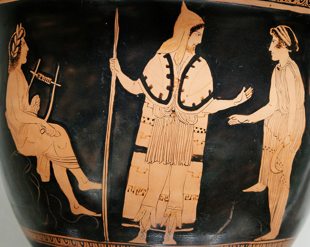 Orfeu (à esquerda, com lira) entre os trácios, de uma cratera-sino ática de figura vermelha (c. 440 a.C.)